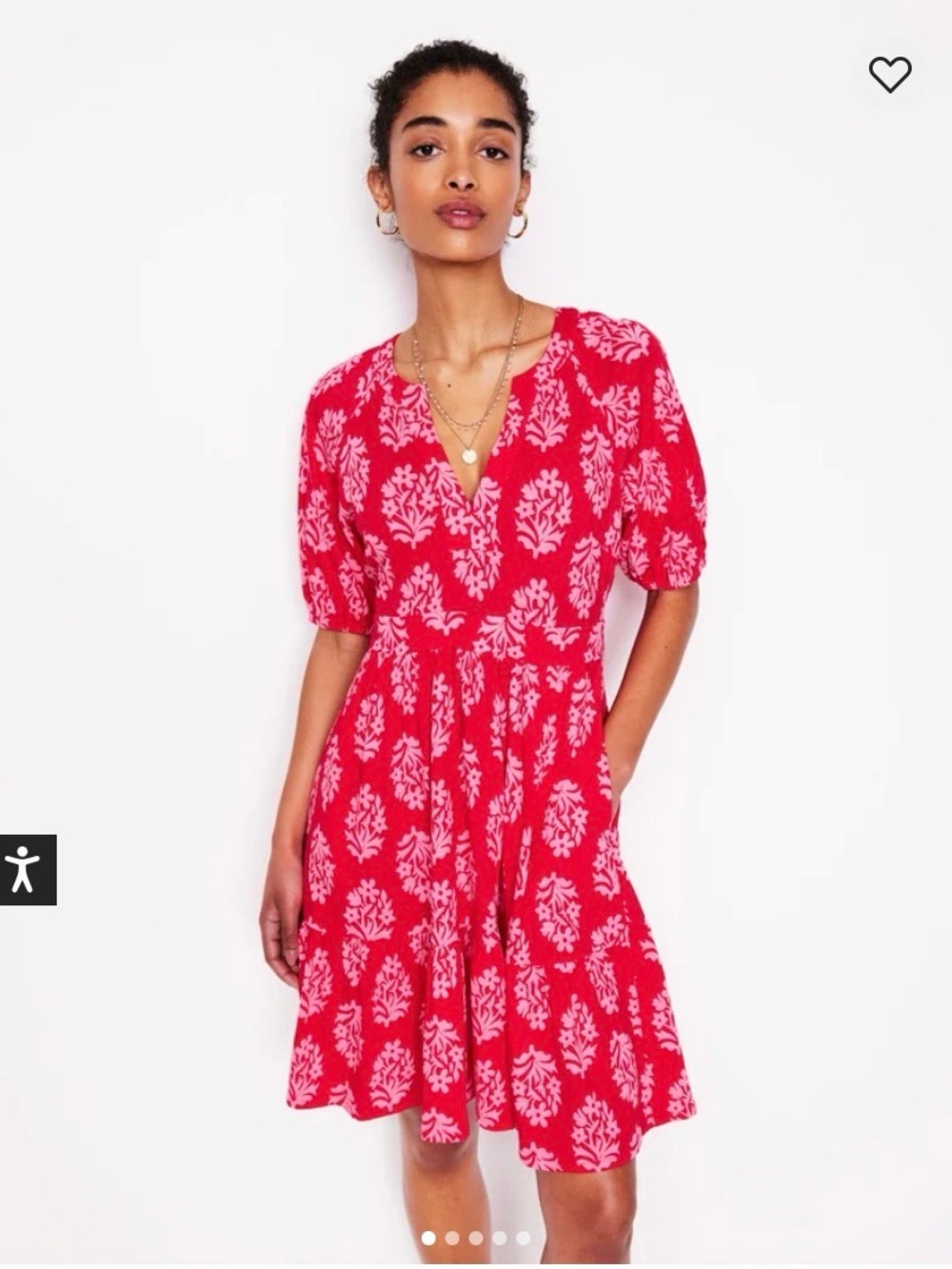 Boden Red Floral V-Neck Short Sleeve Dress - 10 Long